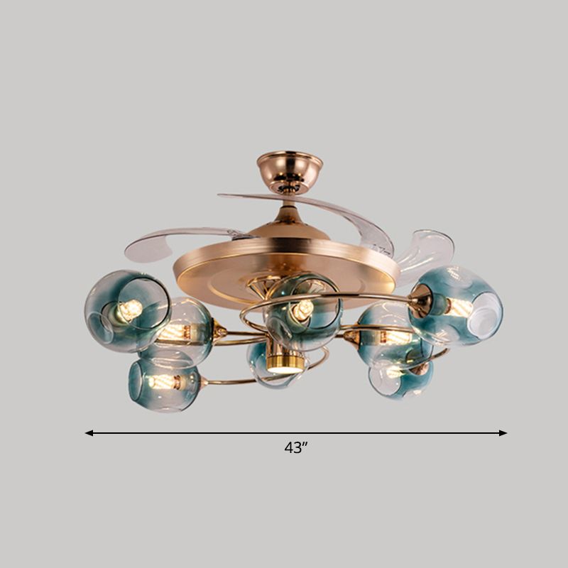 3 Blades Dimpled Glass Cup Pendant Fan Light Vintage 8-Bulb Remote Semi-Flush Ceiling Light