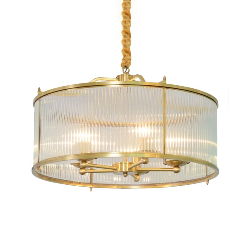 3/5/6 Lights Chandelier Light Colonial Drum Clear Ribbed Glass Ceiling Lamp in Polished Brass, Small/Medium/Large