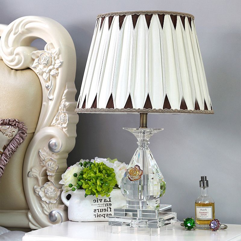 Single Bulb Table Lamp Rural Pleated Shade Fabric Night Light in White with Crystal Base for Bedroom