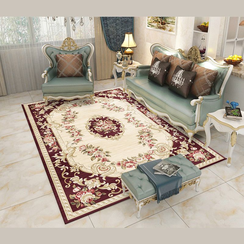 Classical European Floral Print Rug Yellowe Tone Polyester Area Carpet Non-Slip Backing Rug for Living Room