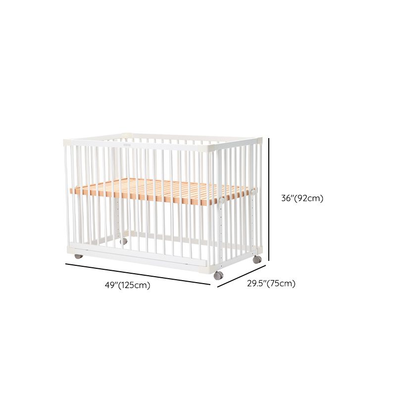 Scandinavian Crib with Guardrail White Wood with Casters/Wheels Nursery Crib