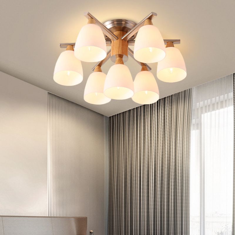 Modernist 7 Lights Semi Flush Lighting Chrome and Wood Cup Ceiling Mounted Lamp with Opal Glass Shade