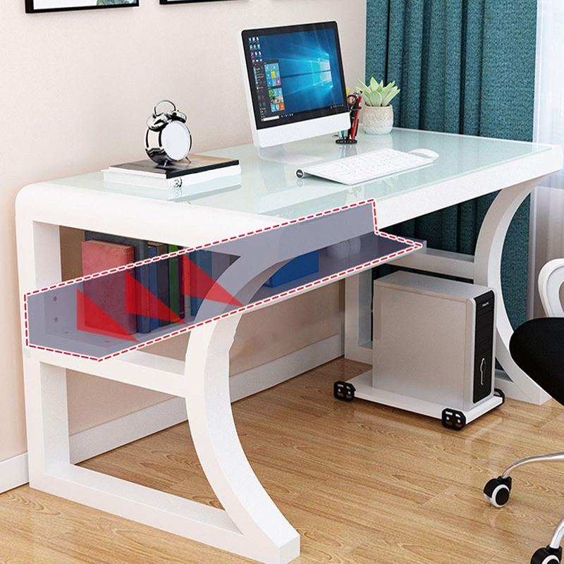 Contemporary Office Desk Antique Finish Glass Top Computer Desk with Metal Legs