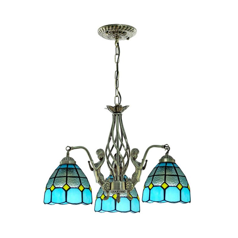 Dome Hand Cut Glass Chandelier Lighting Tiffany 3 Lights Blue Ceiling Lamp