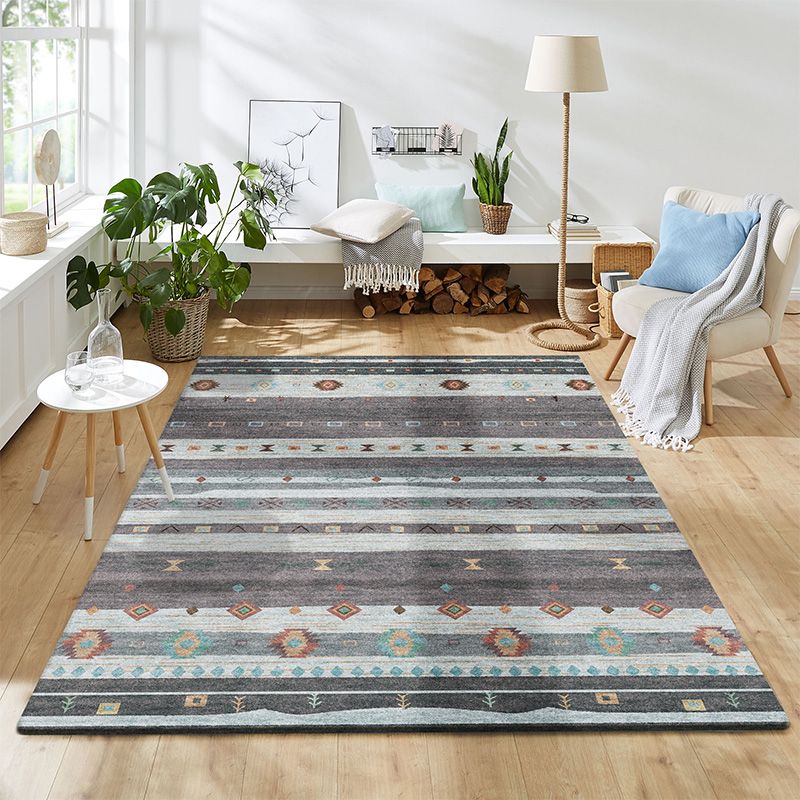 Bohemian Living Room Rug Multi Colored Stripe Print Indoor Rug Polyster Non-Slip Backing Pet Friendly Stain-Resistant Carpet