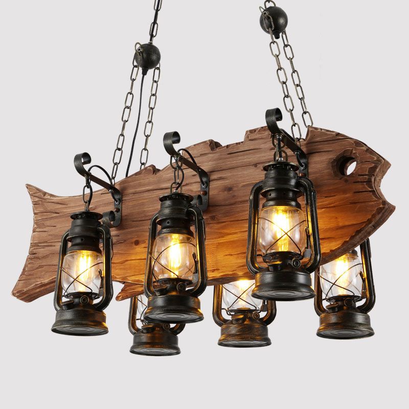 Black Kerosene Chandelier Light Coastal Clear Glass 6 Heads Restaurant Pendant Lighting with Wood Fish