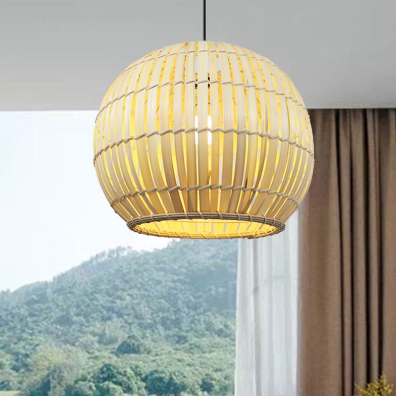 Global Bamboo Shade Pendant Lamp Modern Stylish 12"/16" W 1 Bulb Beige/Brown Ceiling Lighting for Restaurant