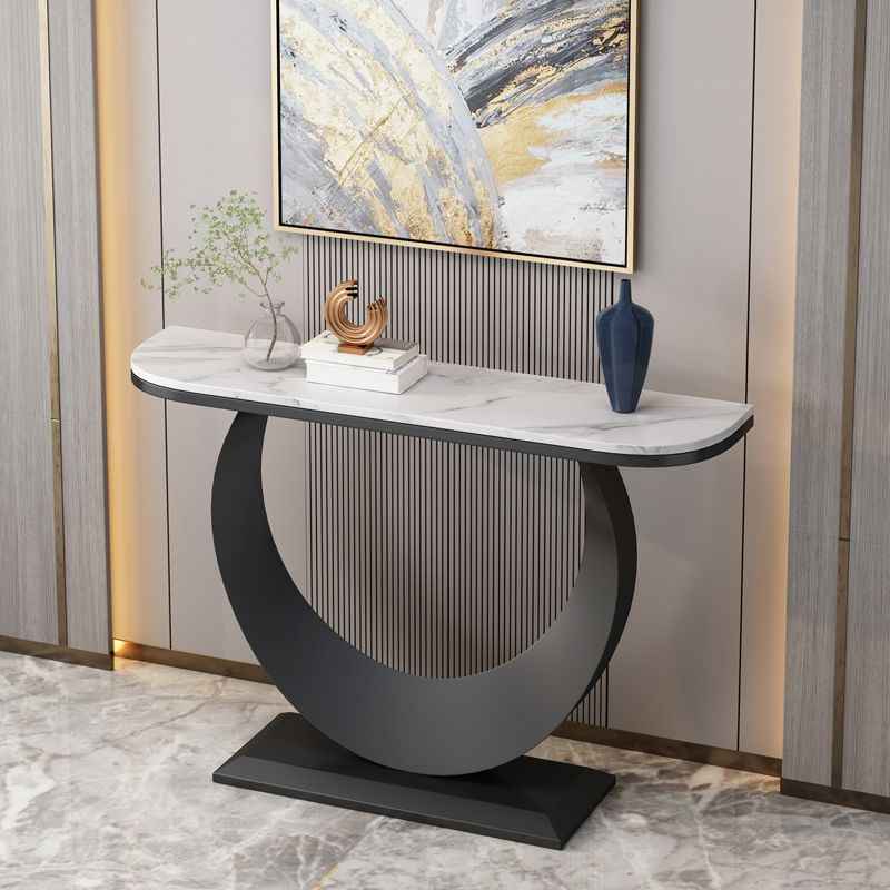 Steel Pedestal Base Console Table with Half Moon Stone Top for Hall