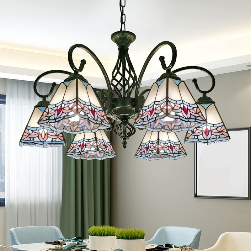 Pyramid Shade Chandelier Pendant Light Stained Glass Traditional Hanging Light for Dining Room