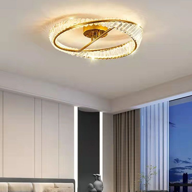 Modern Fashionable Circular LED Ceiling Light Electroplate Metal Semi Flush Mount with Crystal Shade