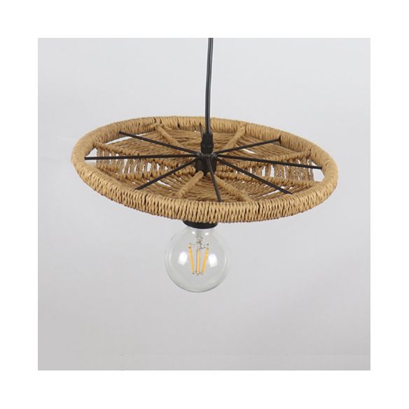 Rattan rund geformte Anhängerlampe Modernismus Style 1 Kopf Beige hängende Beleuchtung mit offener Glühbirne