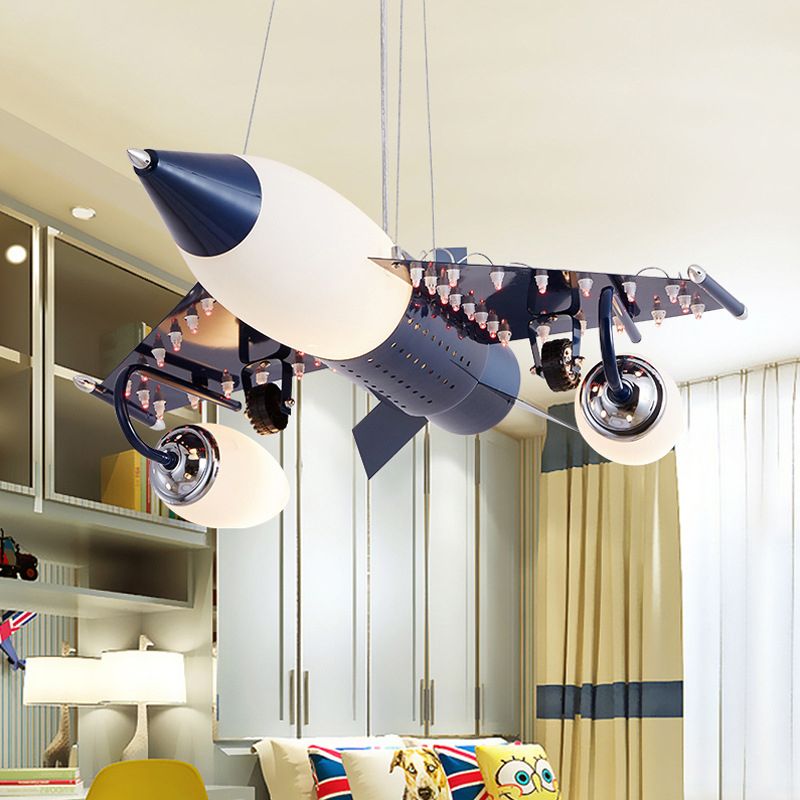 Modern Blue Creative Pendant Light Cartoon Warplane 3 Light Hanging Lamp for Children Bedroom