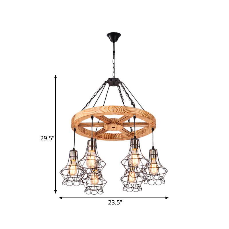 Wagon Wheel Wood Suspension Light Warehouse a 6/8 luci di pranzo il lampadario del soffitto con gabbia di filo