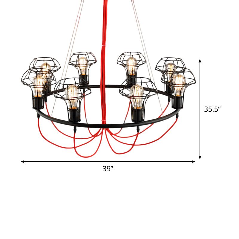 Iron Mushroom Cage Chandelier Light Industrial 8 Heads Restaurant Hanging Pendant Lamp in Black