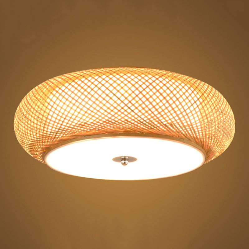 Asian Bamboo Flush Mount Lighting Rounded Drum Ceiling Lamp for Living Room