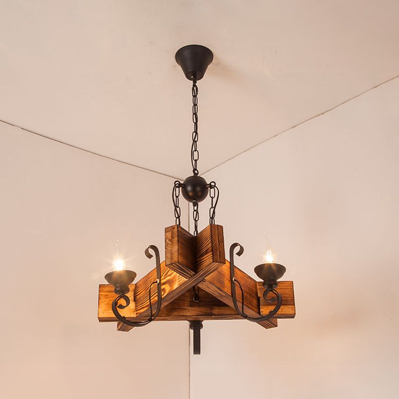 Wooden Triangular/Square Hanging Light Fixture Nautical 3/4/6-Head Restaurant Ceiling Chandelier with Candle in Brown