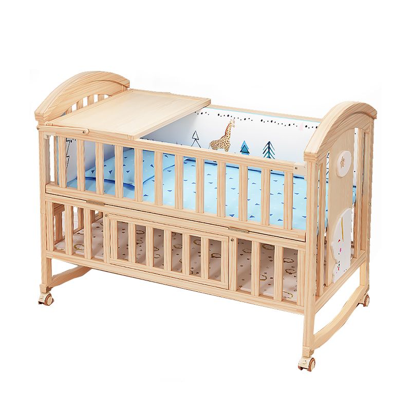 Farmhouse Arched Nursery Crib Under Crib Storage Baby Crib with Wheels