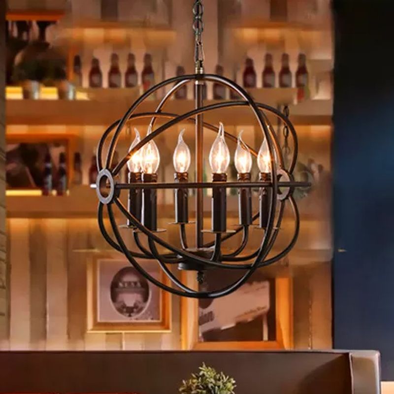 6 Bulbs Spherical Hanging Light Warehouse Black Iron Chandelier Pendant for Restaurant