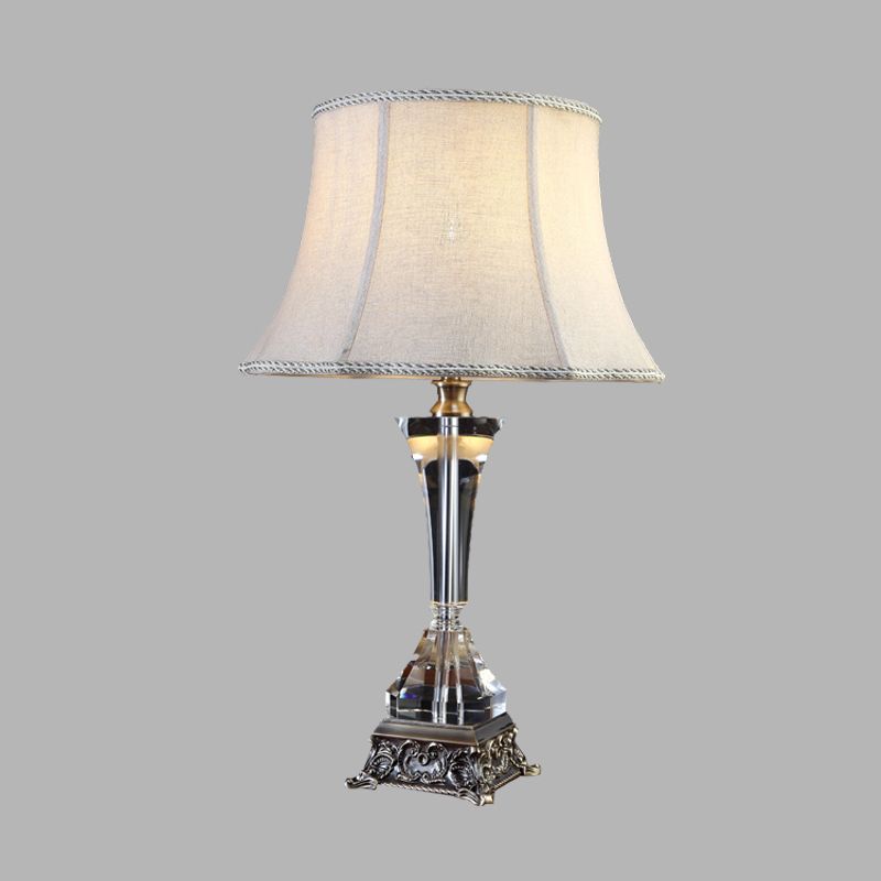 Cream Gray Tapered Night Table Light Countryside Fabric 1 Light Bedroom Nightstand Lamp with Crystal Base