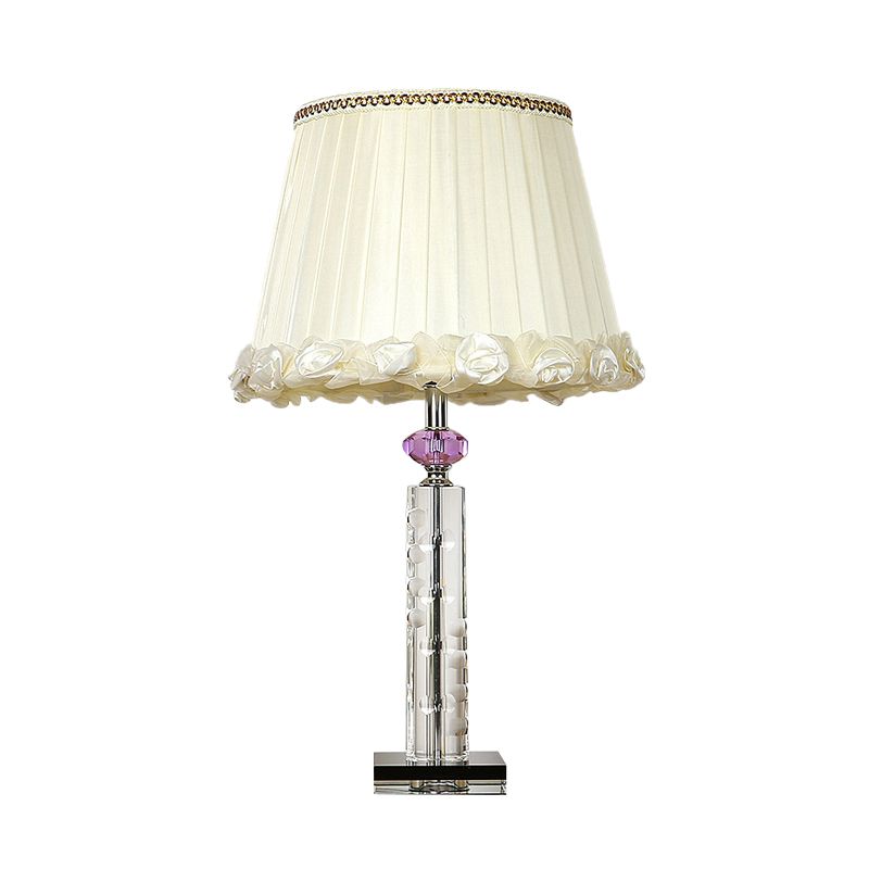 Tapered Crystal Table Light Countryside Single Head Bedroom Night Lamp in White with Braided Trim