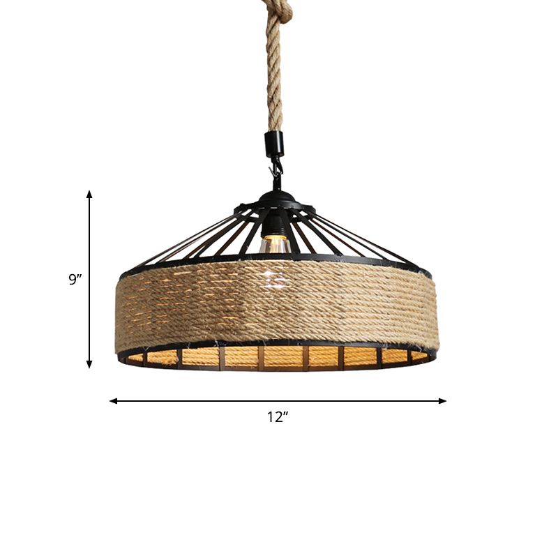 Black 1 Light Pendant Lighting Farmhouse Rope Cone Cage Iron Hanging Lamp Kit for Dining Room, 12"/16"/19.5" W