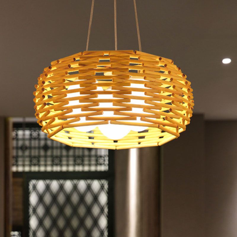 Wood Bird Nest Ceiling Chandelier Asian Bamboo Hanging Pendant Light with Egg Opal Glass Shade