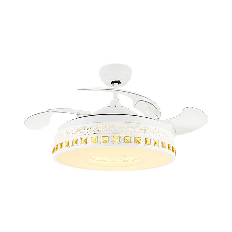 Nordic Round Fan Light 4-Blade LED Metal Semi Flush Mount Ceiling Fixture with Crystal Trim in White, 19.5" Wide