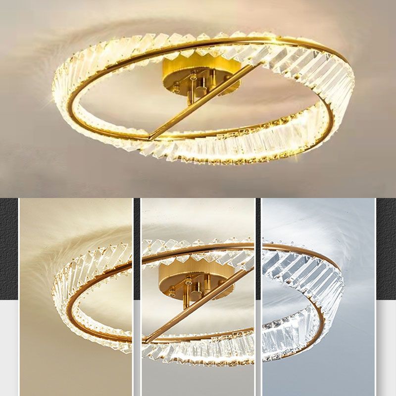 Modern Fashionable Circular LED Ceiling Light Electroplate Metal Semi Flush Mount with Crystal Shade