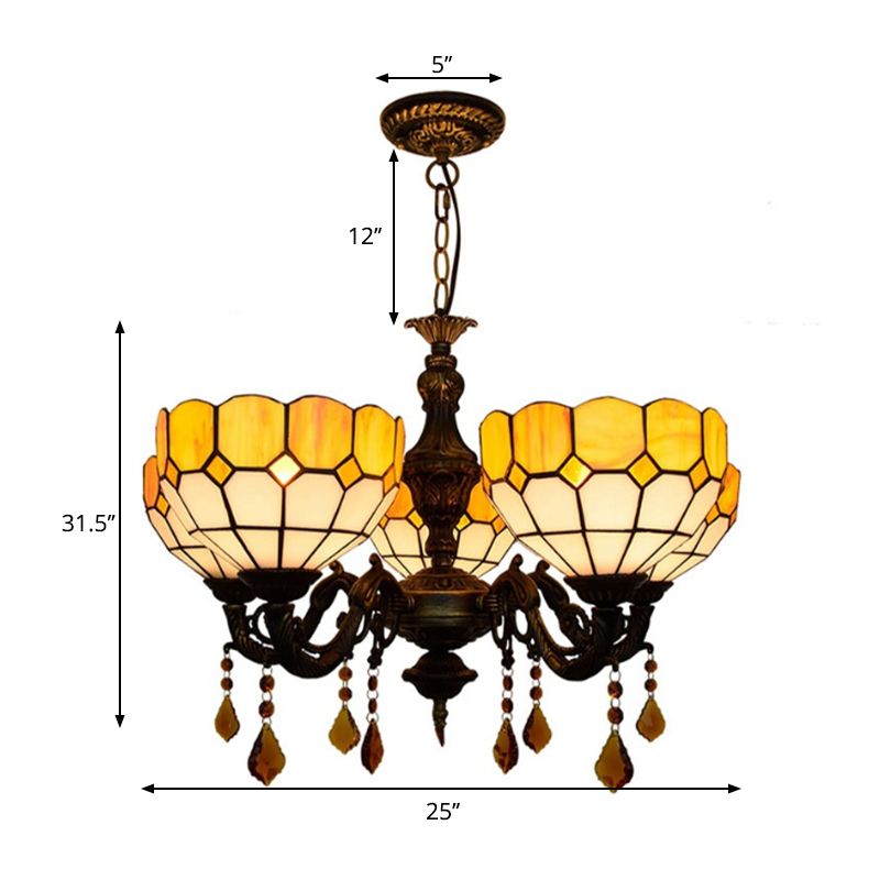 5 Heads Bowl Glass Shade Chandelier Rustic Chandelier Light with Crystal in Yellow for Dining Room