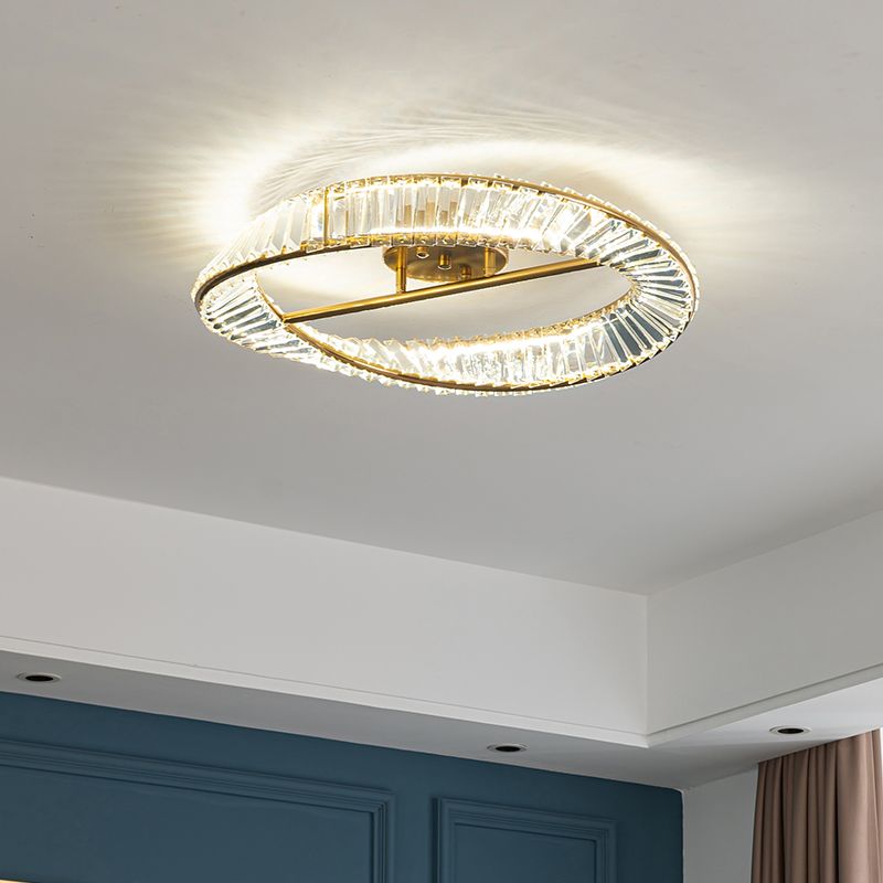 Modern Artistic LED Semi Flush Mount Electroplate Metal Linear Ceiling Light with Crystal Shade