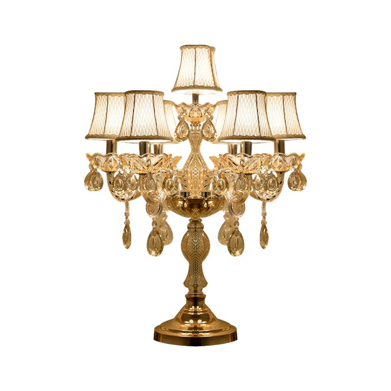 Gold 5/6/7 Bulbs Night Stand Lamp Traditional Clear Crystal Candlestick Table Light with White Bell Fabric Shade