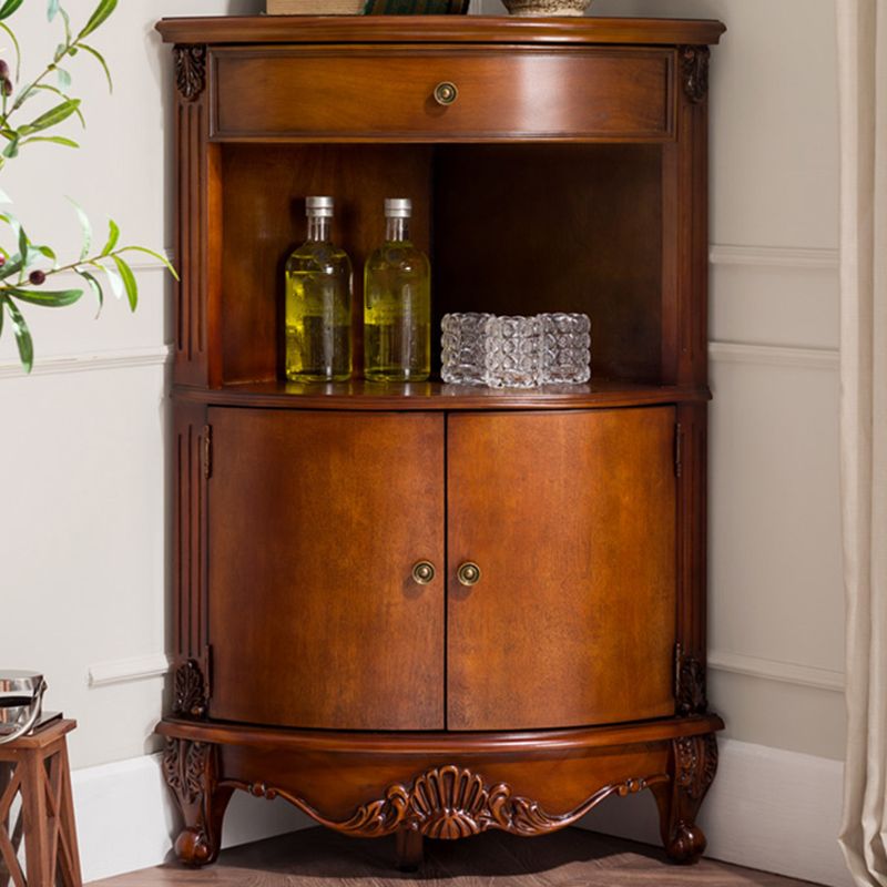 Mid-century Modern Brown Corner Cabinet, Wooden Accent Cabinet with Shelves