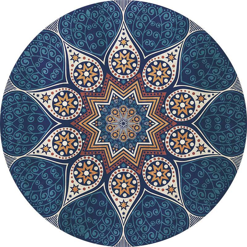 Round Multicolor Flower Print Rug Polyester Carpet Retro Anti-Slip Backing Indoor Rug for Bedroom