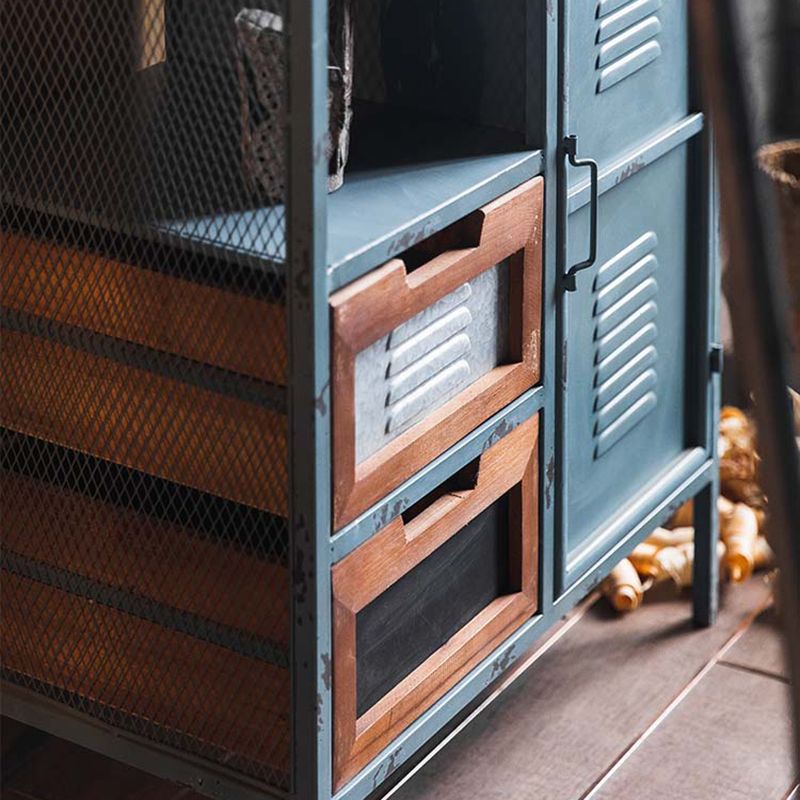 Glass Paned Industrial Cabinet Distressed Metal Accent Cabinet