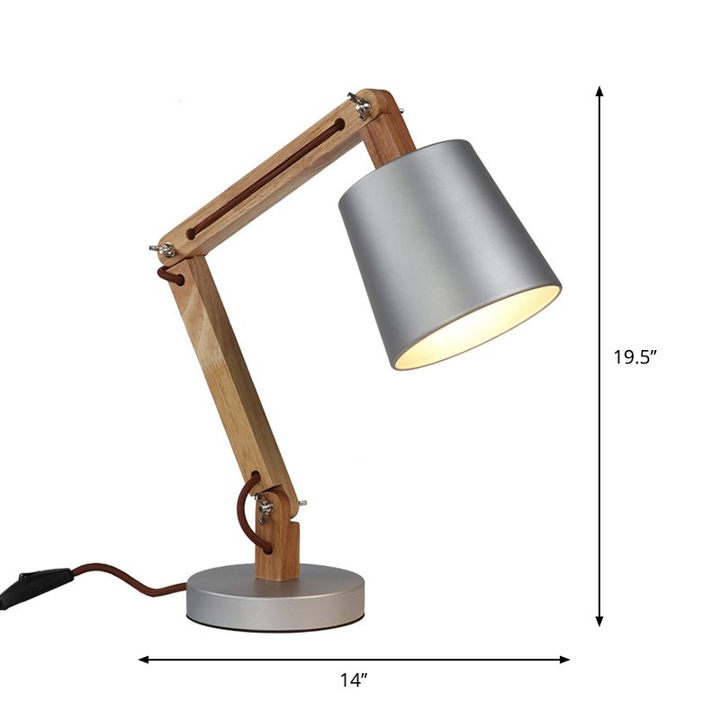 Silver Bucket Shade Desk Light Modern 1-Light Metal Reading Book Lamp with Wood Swing Arm