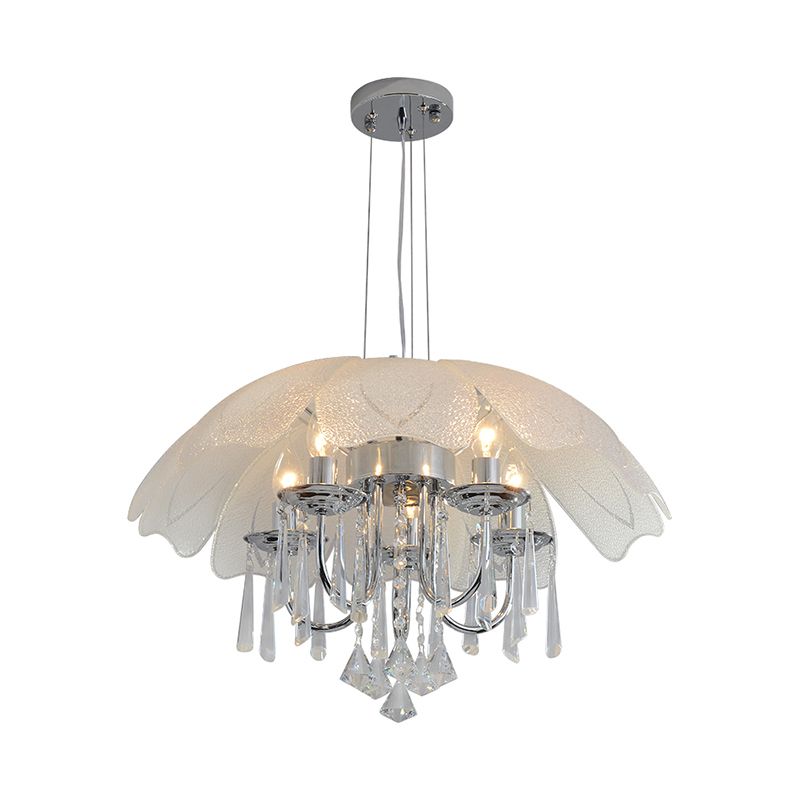 Modern Flower Chandelier Light Textured Glass Shade 5 Lights Chrome Ceiling Lamp with Crystal Drop