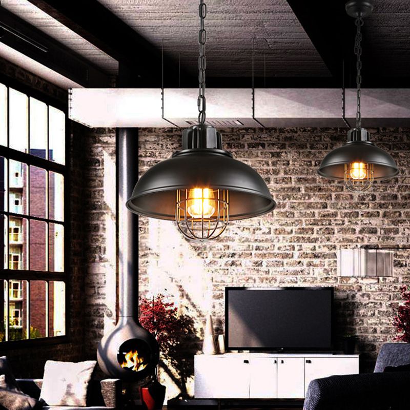 Metal Covered Cage Pendant Ceiling Light Industrial Dinning Room Hanging Ceiling Light in Black