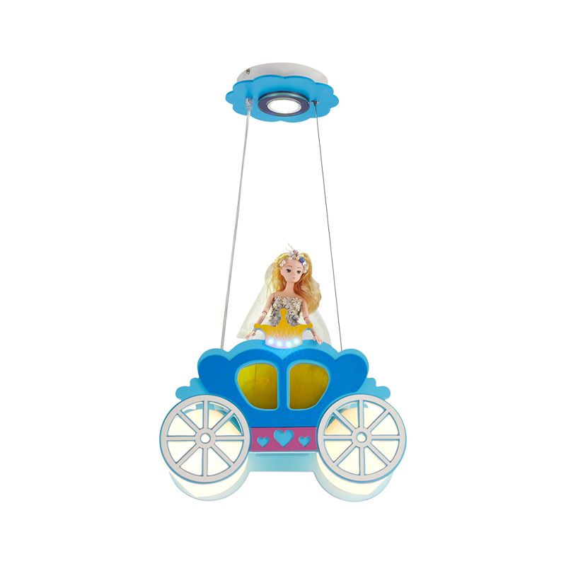 Princess Carriage Ceiling Lamp Kids Frosted Glass 2 Lights Blue Multi Light Pendant for Bedroom