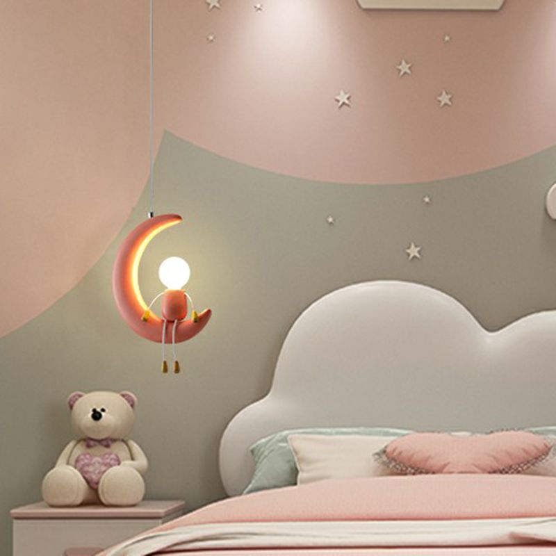 Moon and Stick Figure Hanging Light Creative Resin 1-Head Drop Pendant for Kids Bedroom