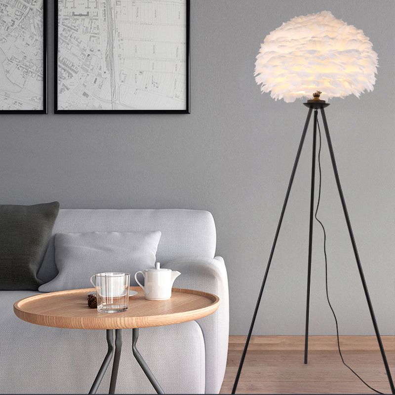 Dome Feather Floor Lamp Minimalist Single Grey/White/Pink Floor Light with Black/White/Gold Tripod for Bedroom