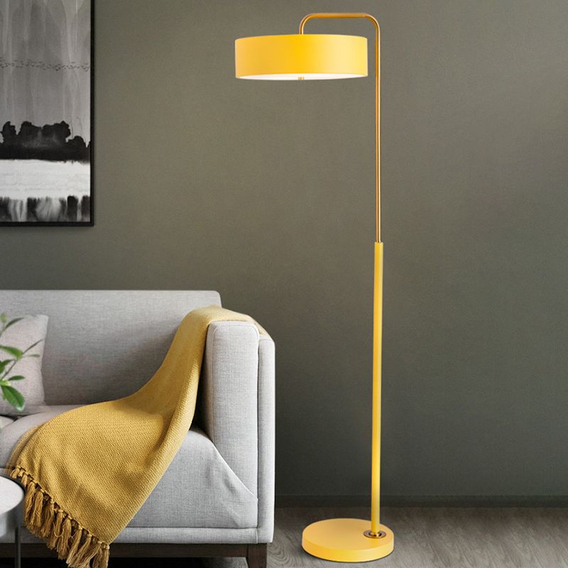 Macaron 1-Head Floor Lamp Black/Blue/Yellow Finish Drum Floor Standing Light with Iron Shade for Living Room