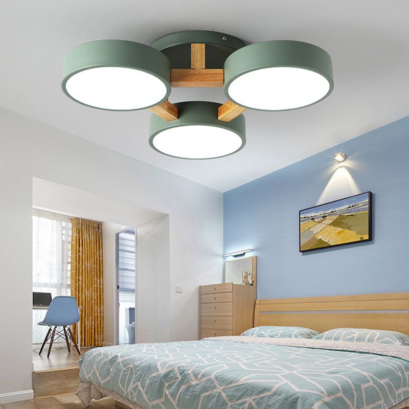 LED Nordic Creative Semi Flush Mount Ceiling Light Circle Shade Wooden Ceiling Mounted Light for Bedroom