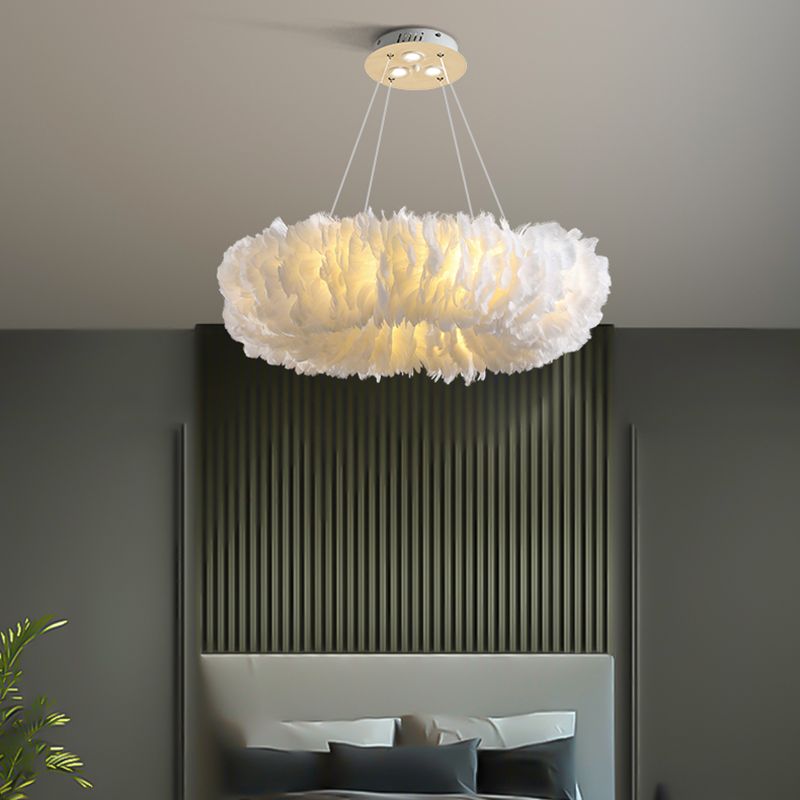 Loop Bedroom Ceiling Chandelier Fabric 3/6-Light Modernism Feather Suspended Pendant Lamp in White/Grey/Pink