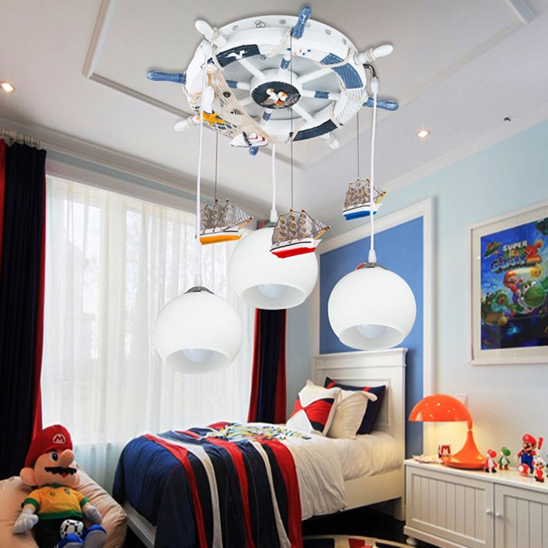 Milk Glass Orb Ceiling Pendant with Rudder & Ship Child Bedroom 3 Lights Nautical Hanging Light in White