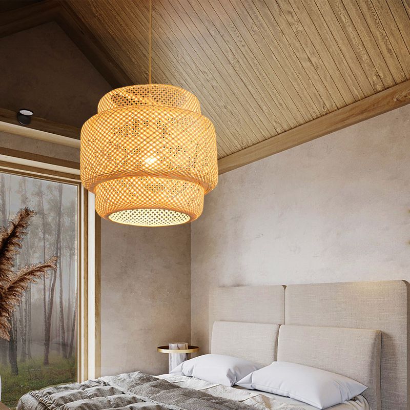 Lantern Bamboo Rattan Shape Pendant Hanging Lamp Asia Style 1 Light Hanging Ceiling Light  for Living Room