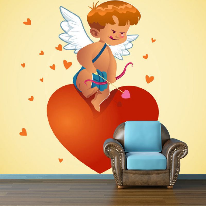 Full Size Cartoon Character Murals Childrens Art Cute Cupid Boy Wall Art in Red-Yellow