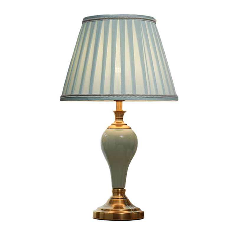 Ceramic Urn Table Lighting Vintage 1 Bulb Bedside Nightstand Light in Aqua/Beige/Silver Grey with Tapered Fabric Shade