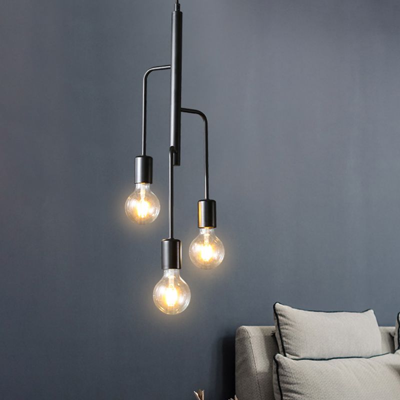 Iron Black Chandelier Pendant Light Bare Bulb 3 Heads Industrial Hanging Lamp for Living Room