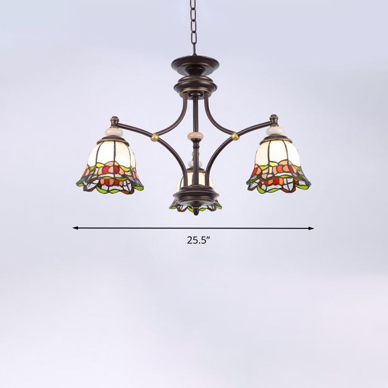 Tiffany Flower Chandelier Lamp 3/6/8 Lumières Éclairage de suspension en vitrail en noir pour le salon