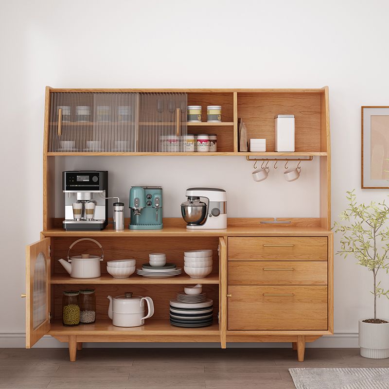 Contemporary Dining Hutch Pine Glass Doors Buffet Cabinet with Drawers